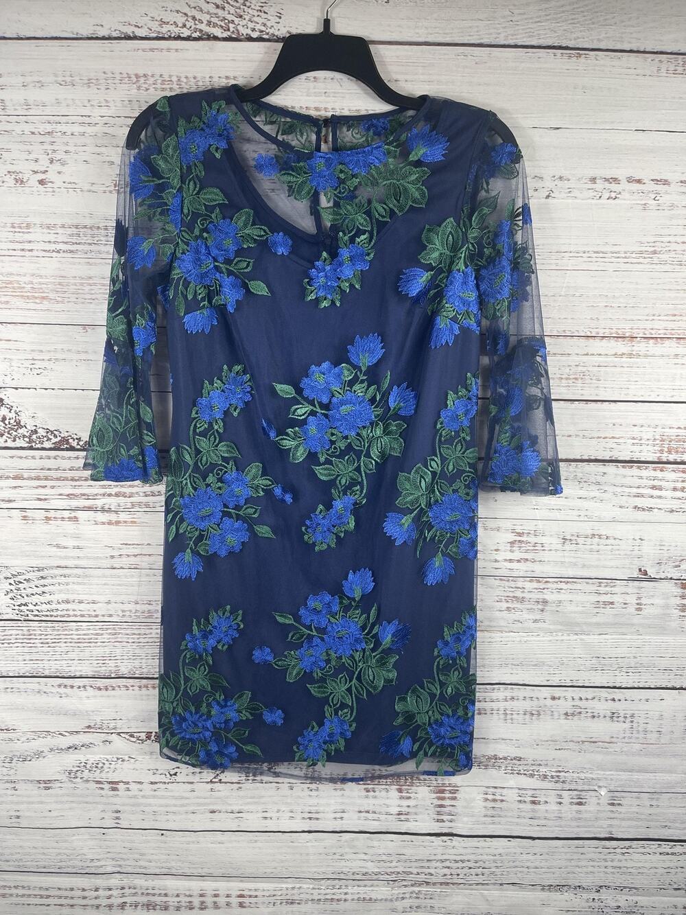 Chetta B Dress Women's 10 Navy Blue Green Floral Embroidered Mesh Overlay Sheath